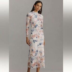 Anthropologie Pink and Blue Sheath Dress Long Sleeve Crew Neck